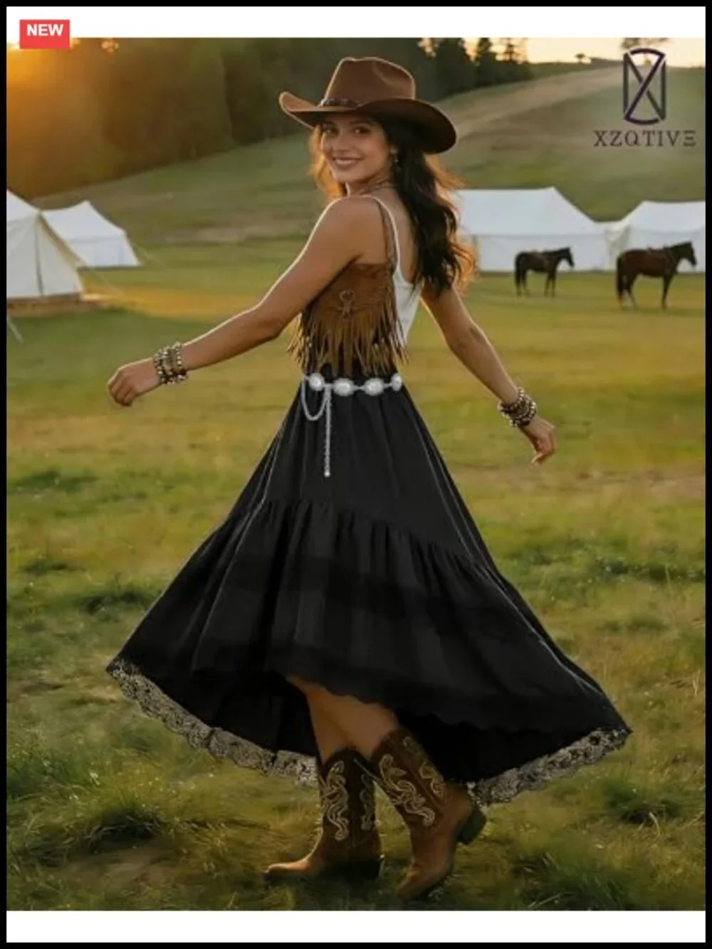 Womens Western Boho High Waist Lace Trim Skirt Asymmetrical Tiered Cowgirl Midi
